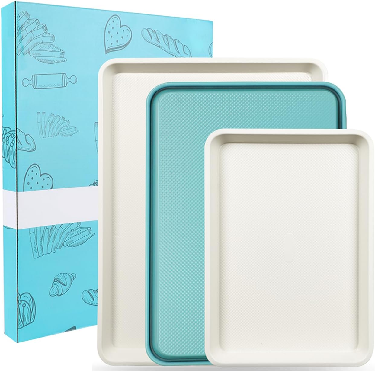 3-Pack Blue Ceramic-Coating Baking Sheet Pans, -Free Nonstick Cookie Sheet Trays, 0.8mm Thick Heavy Duty, with Diamond Texture, Replacement Toaster Oven Tray for Everyday Baking