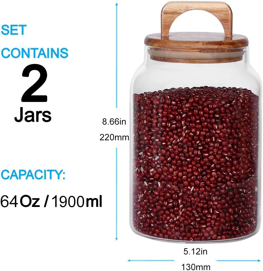 Canister Set of 2, Glass Kitchen Canisters with Airtight Acacia Lid, Tall Clear Airtight Food Storage Jar, Kitchen Pantry Storage Container for Noodles Flour Cereal Coffee - Image 2