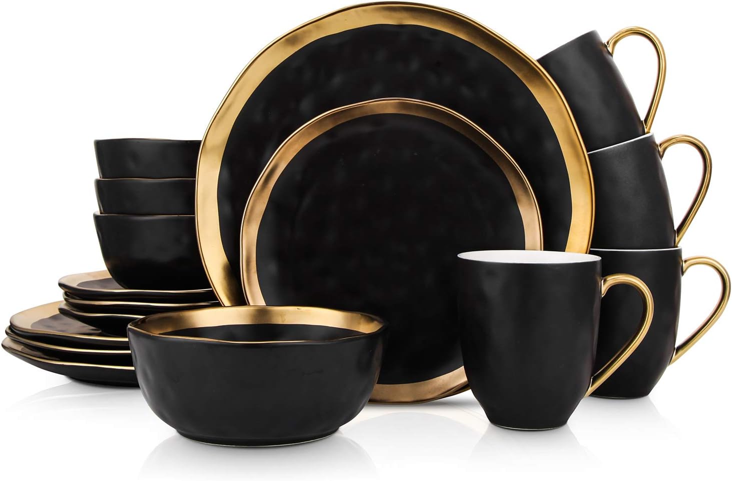 Modern Porcelain 16 Piece Dinnerware Set, Plates and Bowls Set, Dish set for 4, Black And Golden Rim