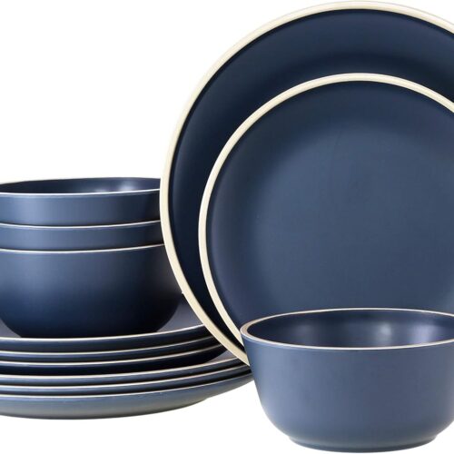 Melamine Dinnerware Sets for 4, Plates and Bowls Sets 12 Pcs, Melamine Plates, Nautical Dinnerware Sets, Modern Style,Dishwasher Safe, BPA Free, Suitable Indoor and Outdoor Use (Deep Blue)