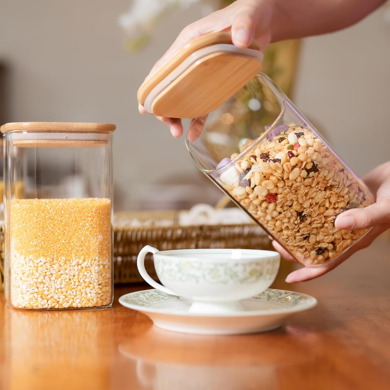 Glass Food Storage Jars 37 oz Set of 6,Glass Storage Containers Clear Glass Food Canister with Bamboo Lid Airtight For Serving Tea, Coffee, Flour, Sugar, Candy, Cookie, Spice and More (Square) - Image 2