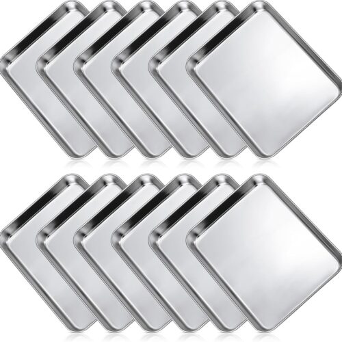 12 Pieces Baking Sheet Pan Cookie Sheet Set for Oven Stainless Steel Trays Nonstick Small Serving Tray Cake Toaster Metal Food Trays, Oven and Dishwasher Safe(10 x 8 x 1 Inch)