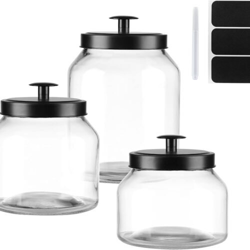 Clear Glass Kitchen Canister Set, Cookie Jar, Food Storage Container, Bathroom Jar with Metal Airtight Lid (Black)