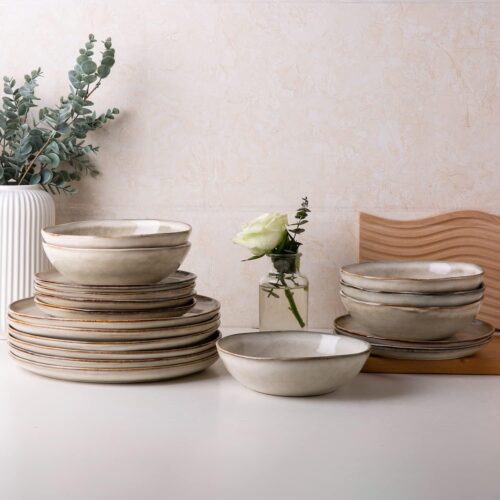 Ceramic Dinnerware Sets,Handmade Reactive Glaze Plates and Bowls Set,Highly Chip and Crack Resistant | Dishwasher & Microwave Safe Dishes Set,Service for 6 (18pc)