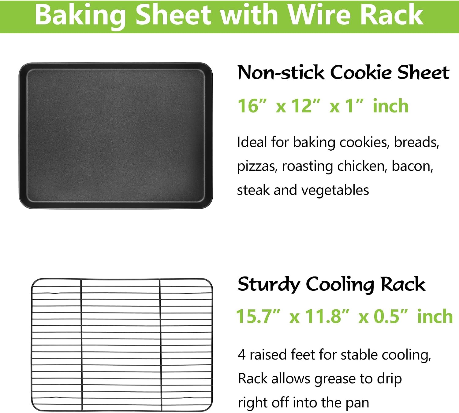 Nonstick Baking Sheet with Rack Set, 16 x 12 x 1 Inch Cookie Sheet Baking Pan with Cooling Rack for Oven, Commercial Grade & Non-Toxic, Easy to Clean - Image 2