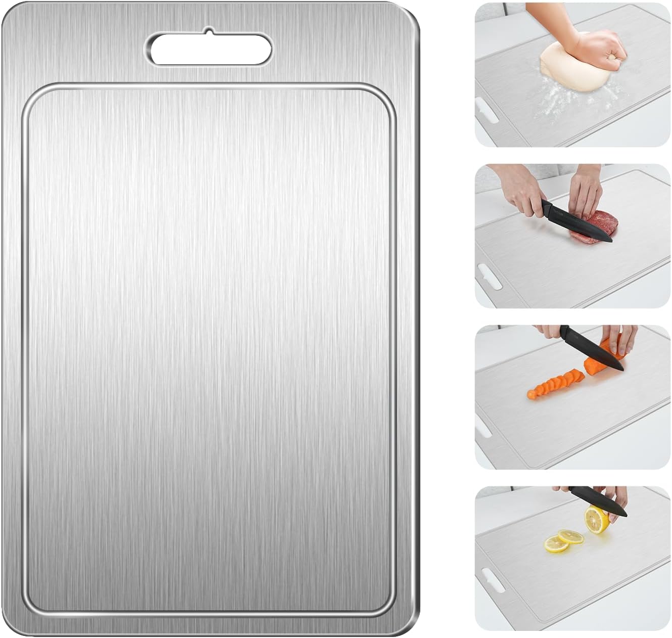 Titanium Cutting Board 100% Pure Cutting Boards With Juice Groove Metal Grade Food Double Sided Choing Board for Cutting Meats Vegetables Fruits(Titanium-Large)