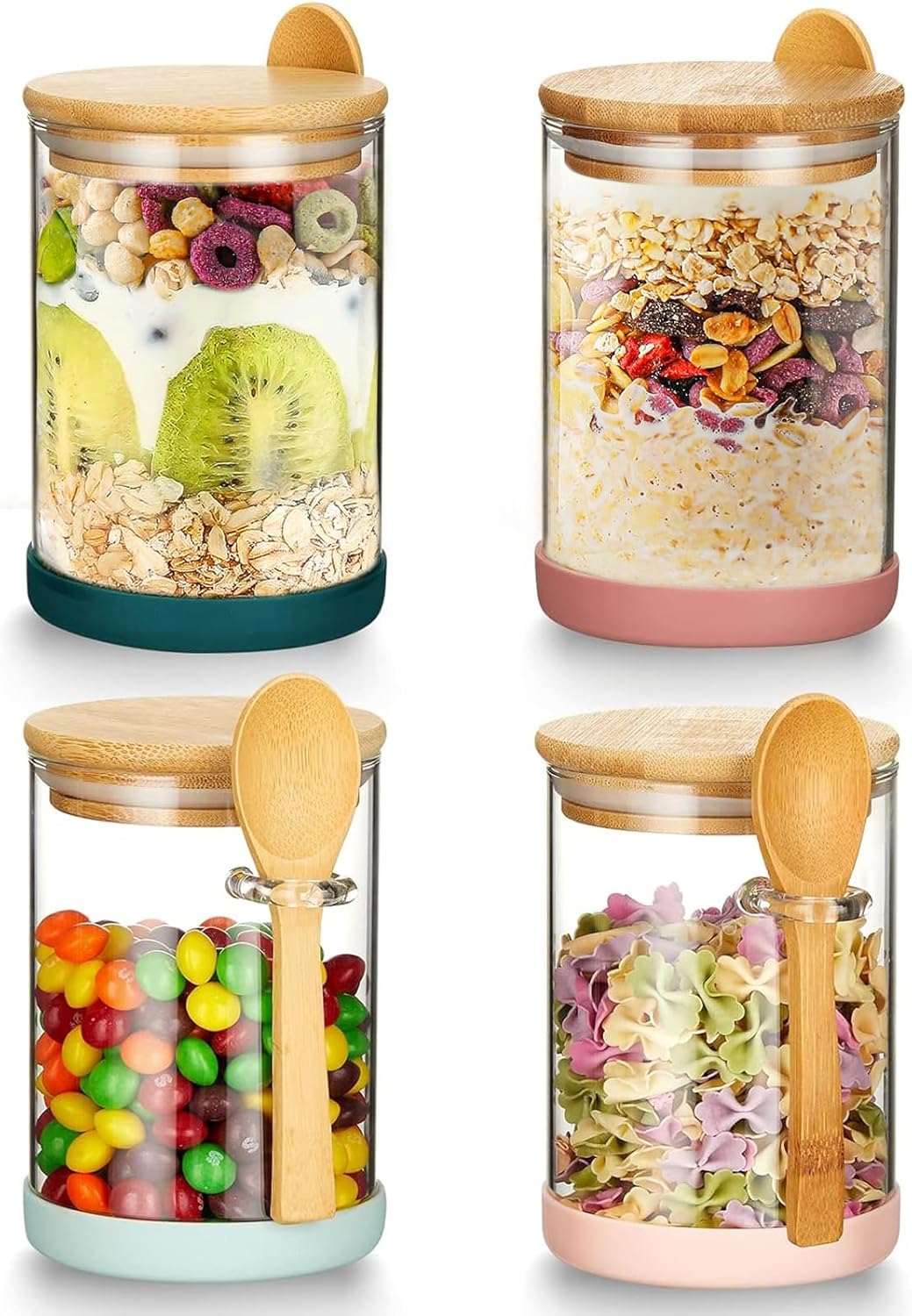Set of 4 Airtight Glass Jars with Bamboo Lids & Spoons, 17 oz Borosilicate Overnight Oats Containers with Lids, Clear Food Storage Canister for Cookie, Candy, Coffee, Sugar, Matcha Tea, Flour
