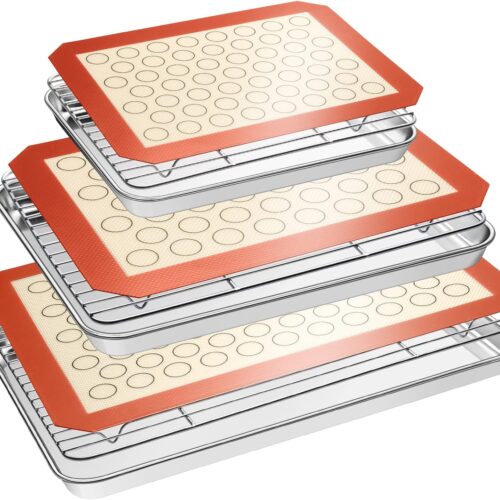 Baking Set: Stainless Steel Sheet Pan with Cooling Rack & Silicone Mat Set, Multi-Size (3 Sheets + 3 Racks + 3 Mats), Warp Resistant & Heavy Duty, Easy Clean