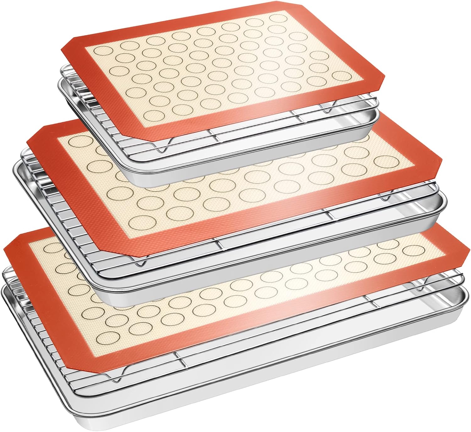 Baking Set: Stainless Steel Sheet Pan with Cooling Rack & Silicone Mat Set, Multi-Size (3 Sheets + 3 Racks + 3 Mats), Warp Resistant & Heavy Duty, Easy Clean