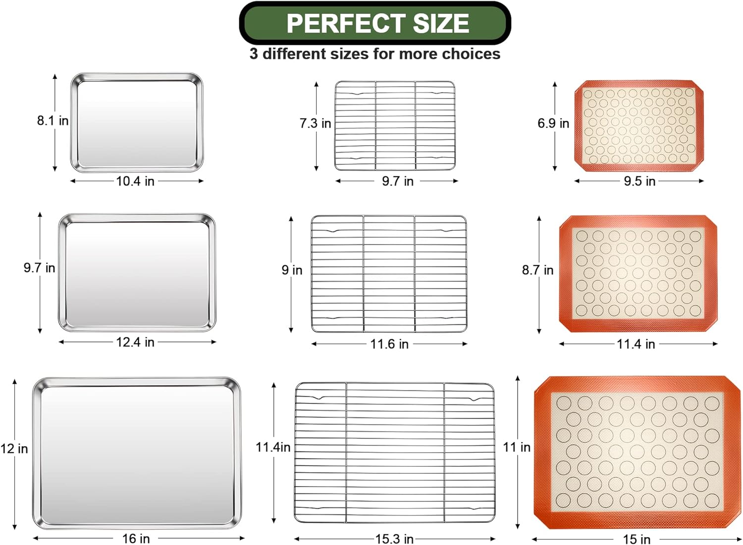 Baking Set: Stainless Steel Sheet Pan with Cooling Rack & Silicone Mat Set, Multi-Size (3 Sheets + 3 Racks + 3 Mats), Warp Resistant & Heavy Duty, Easy Clean - Image 2