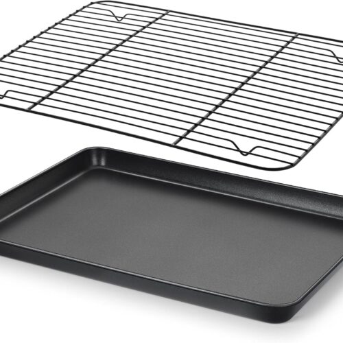 Nonstick Baking Sheet with Rack Set, 16 x 12 x 1 Inch Cookie Sheet Baking Pan with Cooling Rack for Oven, Commercial Grade & Non-Toxic, Easy to Clean