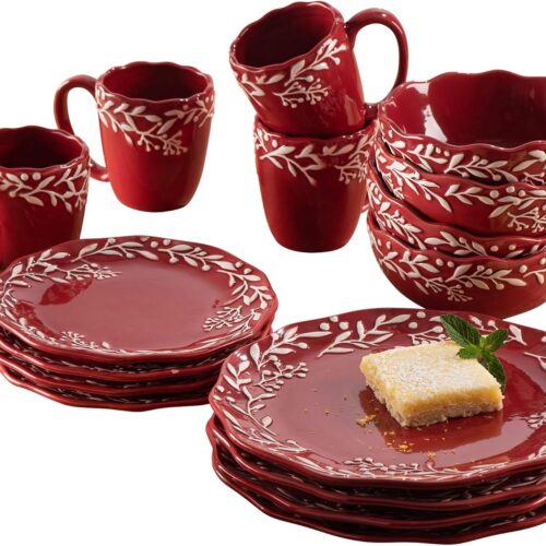 Holiday Round Dinnerware Set ?C 16-Piece Ceramic Dinner Party Collection w/ 4 Dinner Plates, 4 Salad Plates, 4 Bowls & 4 Mugs ?C Unique Gift Idea for Any Special Occasion, Red