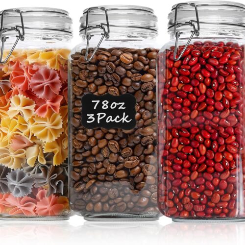 Airtight Glass Canister Set of 3 with Lids 78oz Food Storage Jar Square - Storage Container with Clear Preserving Seal Wire Clip Fastening for Kitchen Canning Flour, Cereal, Pasta, Sugar, Beans