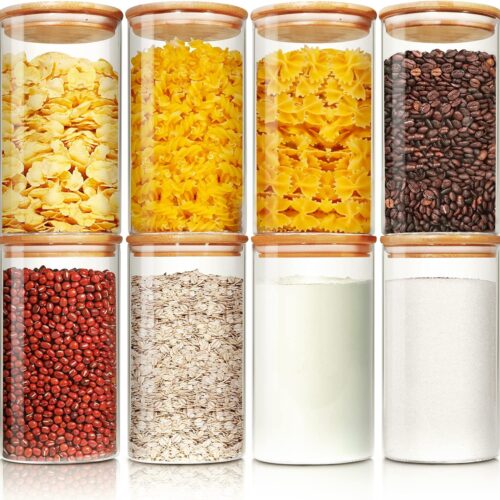Glass Jars with Bamboo Lids 30 floz [Set of 8], Glass Canisters with Airtight Lids, Glass Food Storage Containers for Pasta, Oats, Coffee, Flour, Sugar, Rice, Best for Kitchen & Pantry
