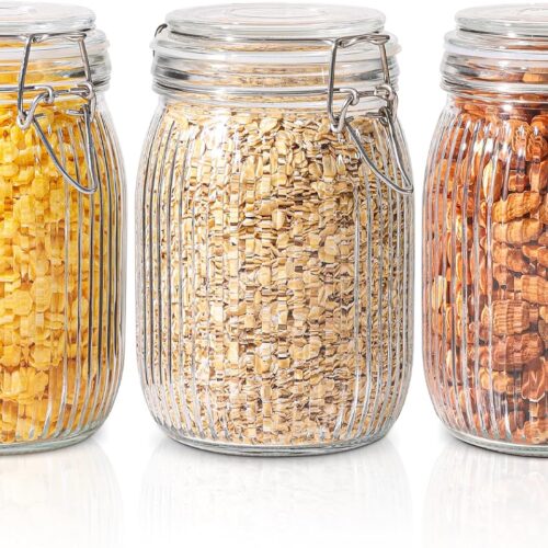 Airtight Glass jar with lid 37oz Set of 3, Glass Storage Containers with Lids, Glass Canisters, Striped Clip Fastening Jar for Kitchen Canning, Tea, Pasta, Sugar, Beans, Cookie, Jam, Oat