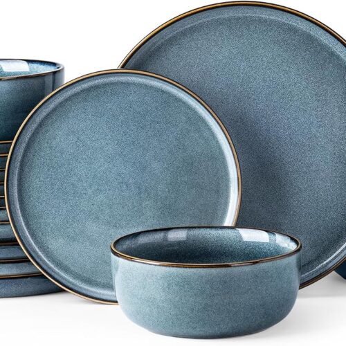 Ceramic Dinnerware Sets for 6, 18 Pieces Stoneware Plates and Bowls Sets, Scratch Resistant Dishes, Dishwasher & Microwave Safe, Space Blue