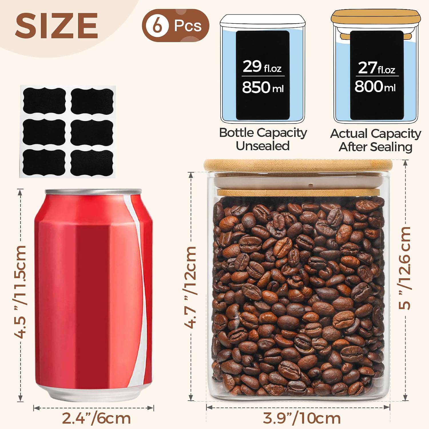 27 oz Glass Food Storage Jars Set of 6, Clear Storage Containers with Airtight Lids, Pantry Organization Jar, Spice Jar, Blooming Tea, Oat, Coffee and Sugar Container, Canister Set for Kitchen - Image 2