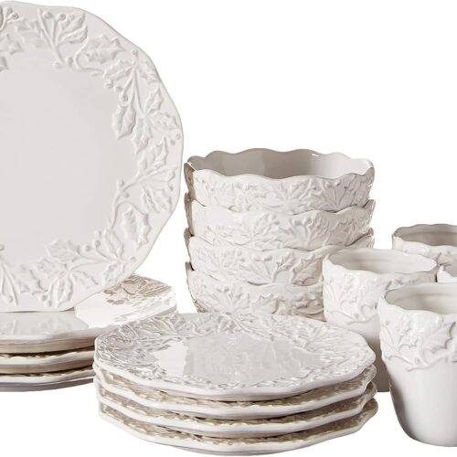 Holiday Round Dinnerware Set ?C 16-Piece Ceramic Party Collection w/ 4 Dinner Salad Plates, 4 Bowls & 4 Mugs ?CGift Idea for Special Occasions, White,