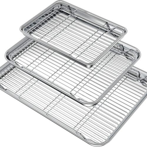 Baking Sheet with Rack Set (3 Pans + 3 Racks), Stainless Steel Baking Pan Cookie Sheet with Cooling Rack, Non Toxic & Heavy Duty & Easy Clean