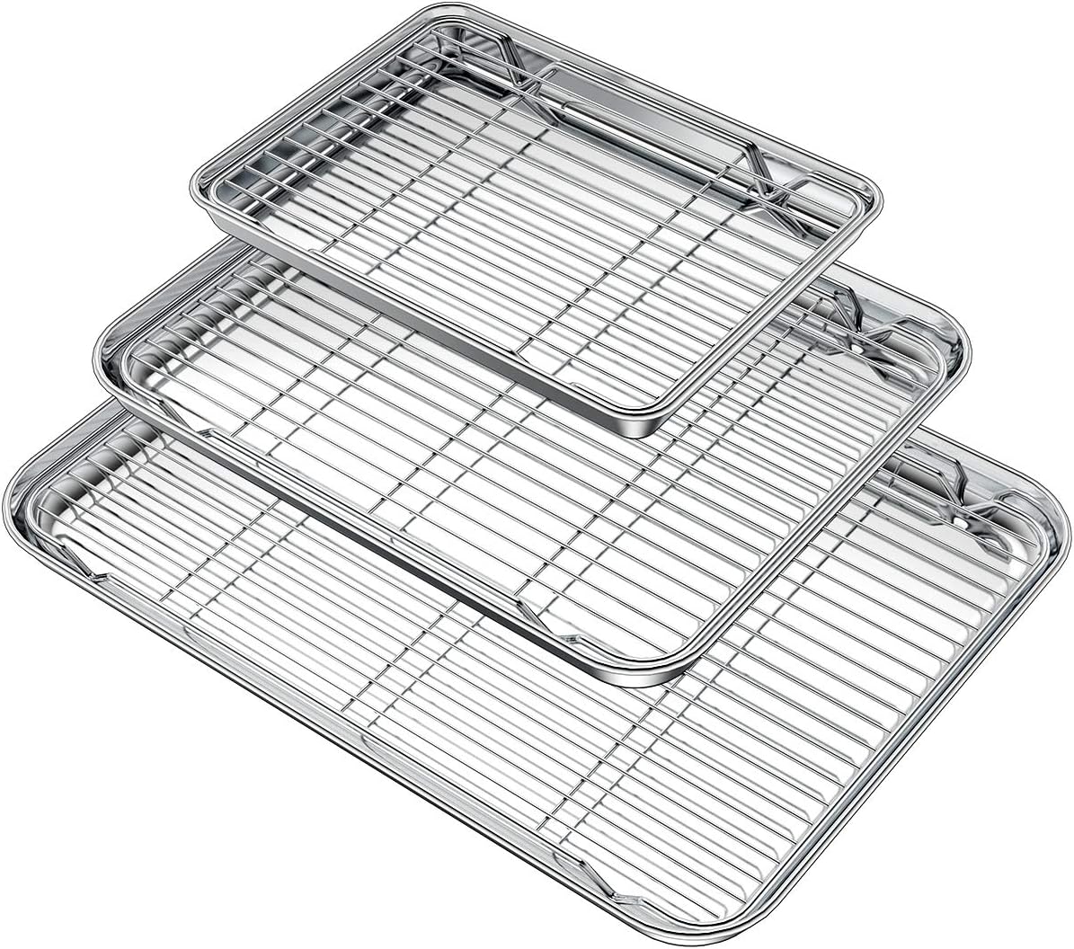 Baking Sheet with Rack Set (3 Pans + 3 Racks), Stainless Steel Baking Pan Cookie Sheet with Cooling Rack, Non Toxic & Heavy Duty & Easy Clean