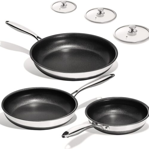 Non Stick Frying Pans Set - 3 Piece (8, 10, 12") Titanium Ceramic Pan with Lids, Nonstick Skillet Stainless Steel, PFAS PFOA & PTFE Free, Dishwasher & Oven Safe, All Cooktops Compatible