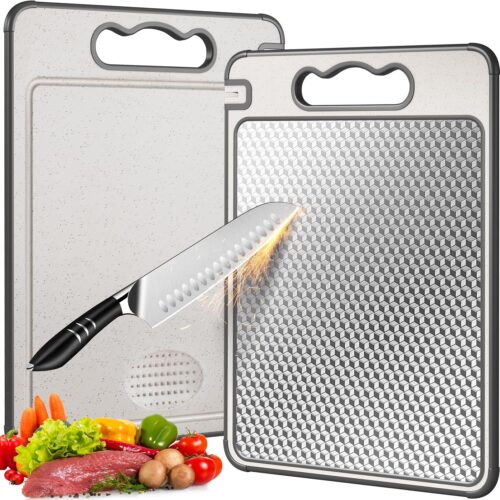 Double Sided 304 Stainless Steel & Wheat Straw Cutting Board, 14.4"*9.8" Non Toxic Choing Board, Separately Handle Meat and Vegetables, Dishwasher Safe, Scratch Resistant Mesh Design