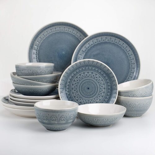 16 Piece Double Bowl Stoneware Mandala Pattern Design Dinnerware Set, Service for 4, Grey