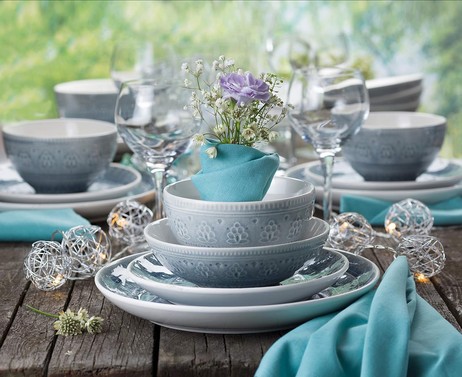 16 Piece Double Bowl Stoneware Mandala Pattern Design Dinnerware Set, Service for 4, Grey - Image 2